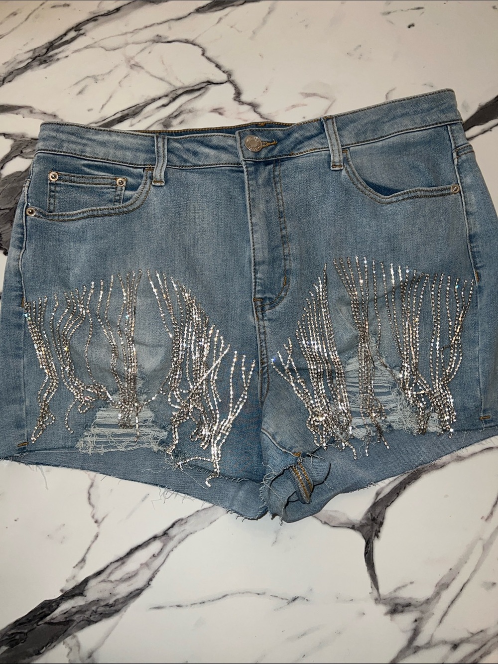 FTF X TABRIA MAJOR Blue Denim Shorts w Silver Rhinestone Fringe Sz16